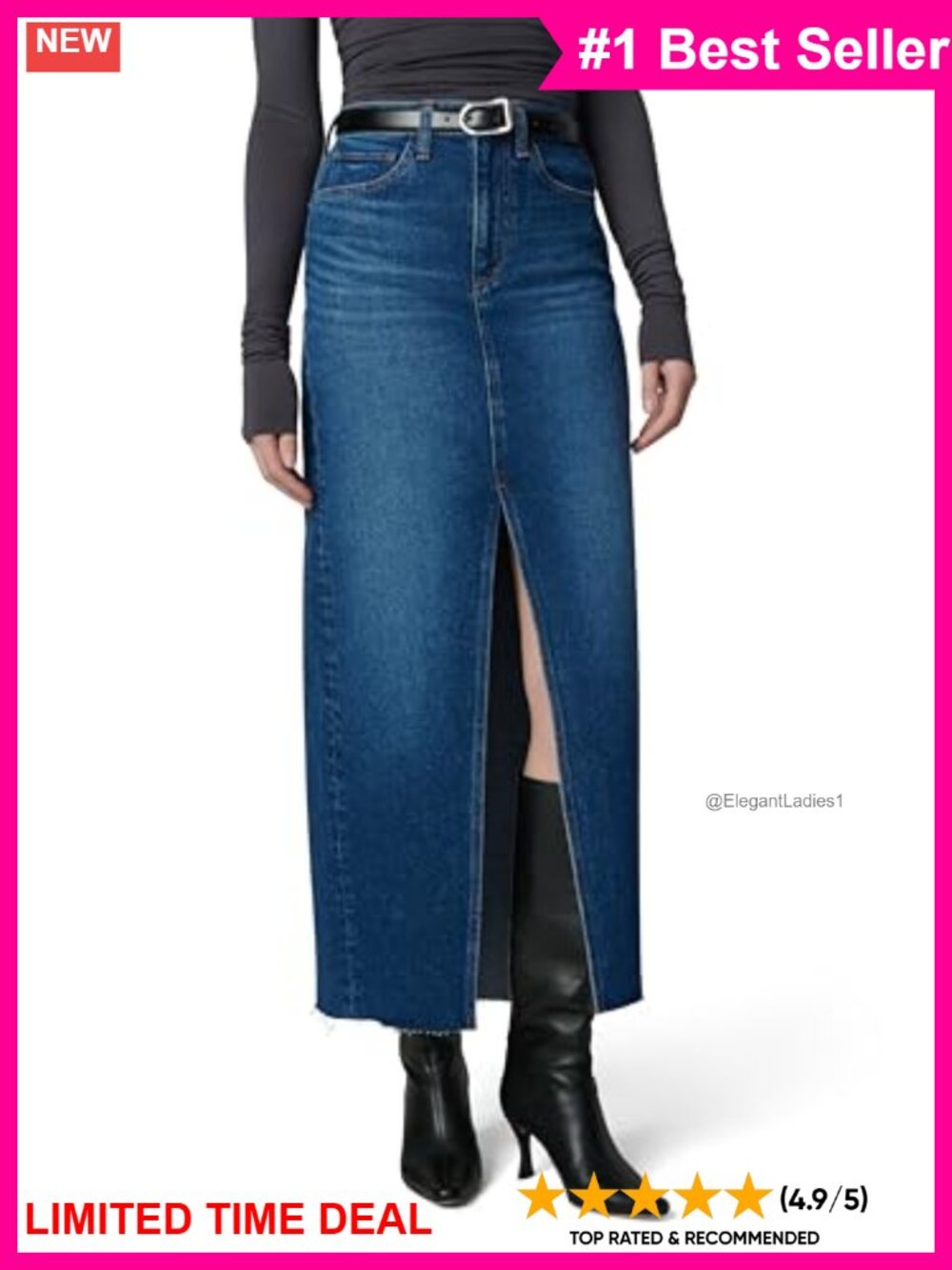 High Rise Denim Maxi Skirt with Front Slit Raw Hem Casual